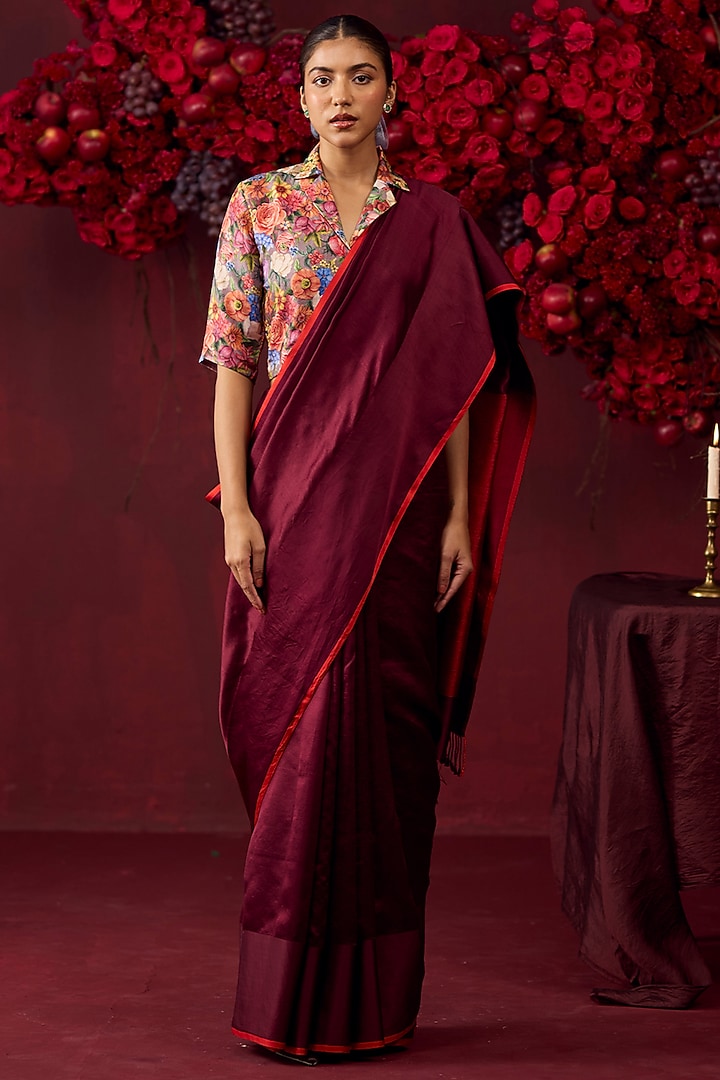 Burgundy Handwoven Silk Mesh Party Wear Saree by Surmaye at Pernia's Pop Up Shop