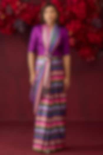 Multi-Colored Handwoven Mulberry Silk Satin Striped Party Wear Saree by Surmaye at Pernia's Pop Up Shop