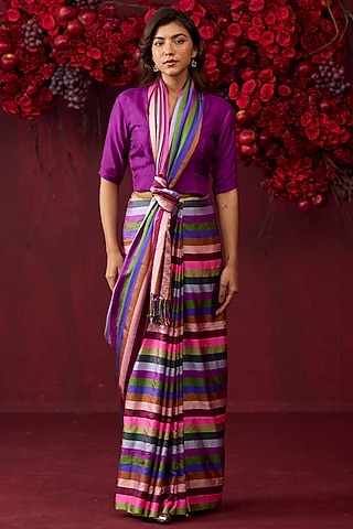 Multi-Colored Handwoven Mulberry Silk Satin Striped Saree by Surmaye