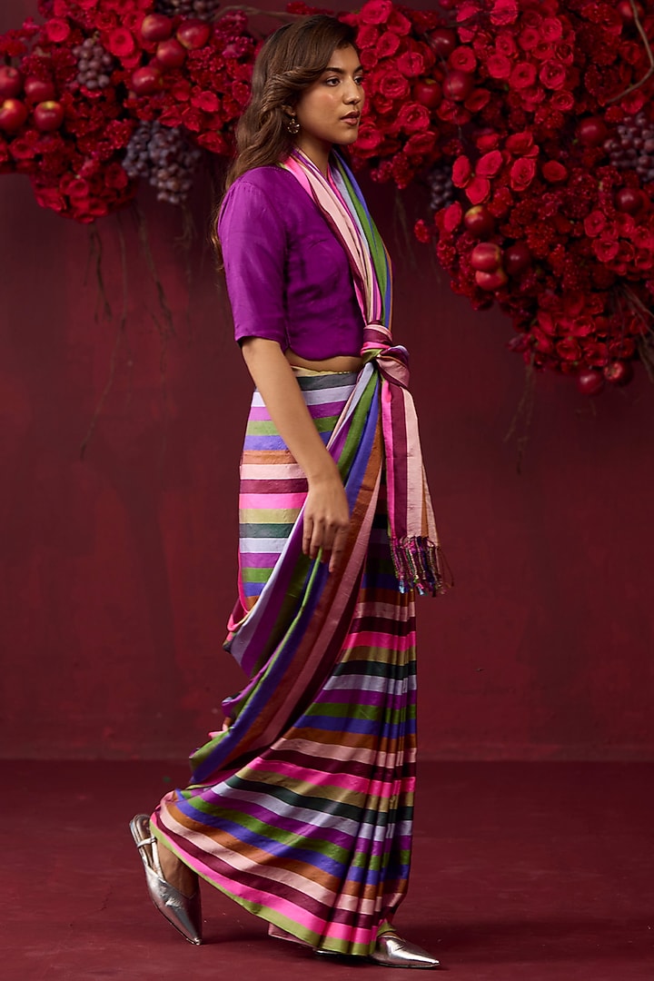Multi-Colored Handwoven Mulberry Silk Satin Striped Party Wear Saree by Surmaye at Pernia's Pop Up Shop