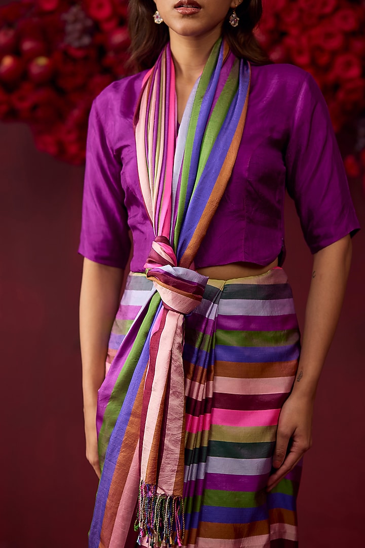Multi-Colored Handwoven Mulberry Silk Satin Striped Party Wear Saree by Surmaye at Pernia's Pop Up Shop