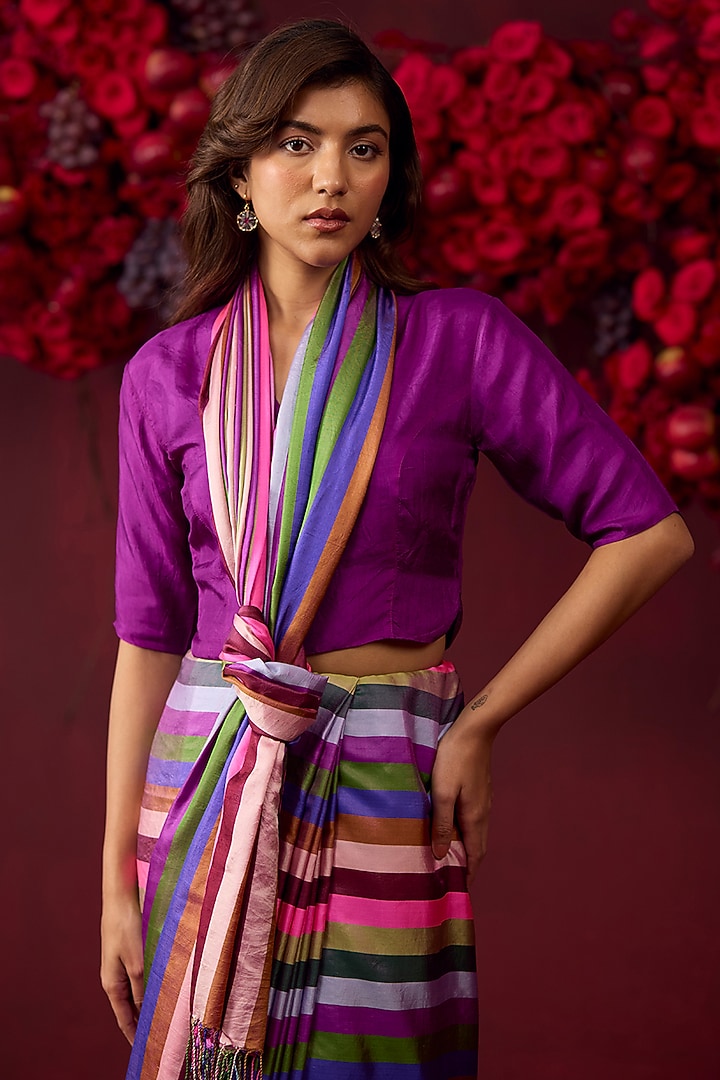 Multi-Colored Handwoven Mulberry Silk Satin Striped Party Wear Saree by Surmaye at Pernia's Pop Up Shop