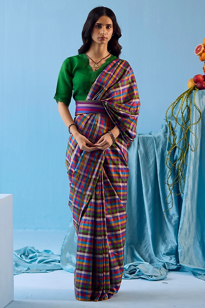 Multi-Colored Handwoven Mulberry Silk Checkered Party Wear Saree by Surmaye at Pernia's Pop Up Shop