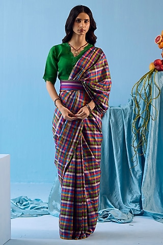Multi-Colored Handwoven Mulberry Silk Checkered Saree by Surmaye
