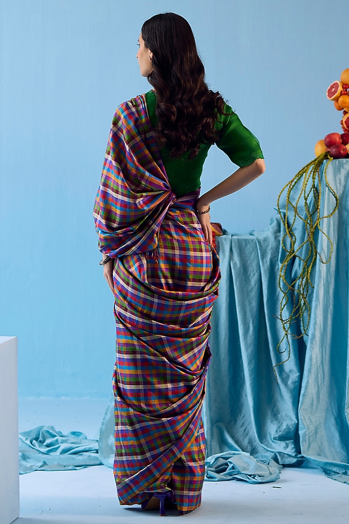 Multi-Colored Handwoven Mulberry Silk Checkered Party Wear Saree by Surmaye at Pernia's Pop Up Shop