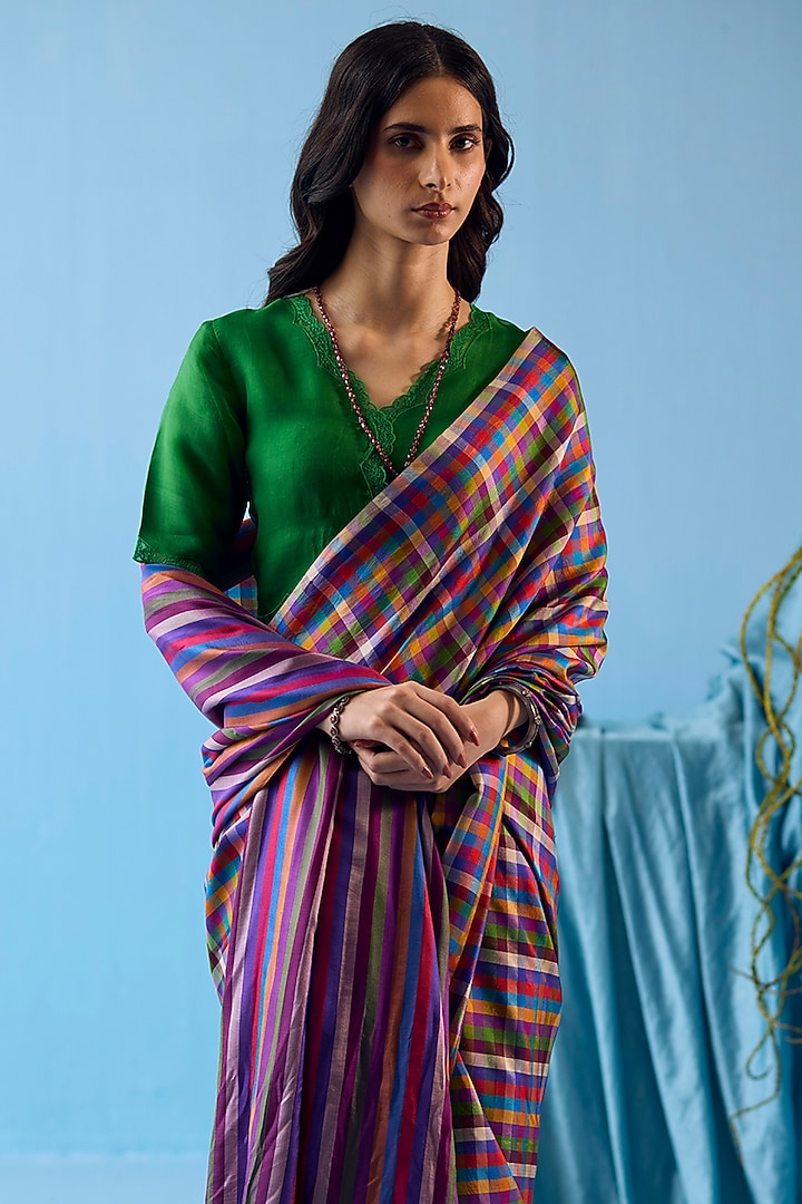 Multi-Colored Handwoven Mulberry Silk Checkered Party Wear Saree by Surmaye at Pernia's Pop Up Shop