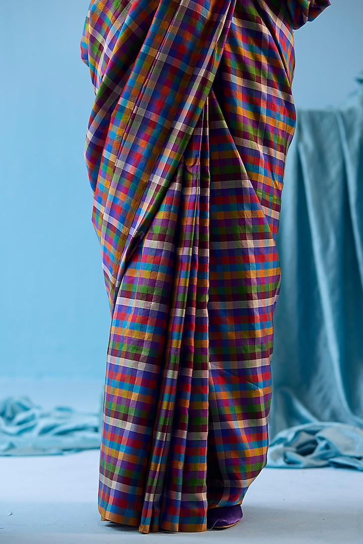 Multi-Colored Handwoven Mulberry Silk Checkered Party Wear Saree by Surmaye at Pernia's Pop Up Shop