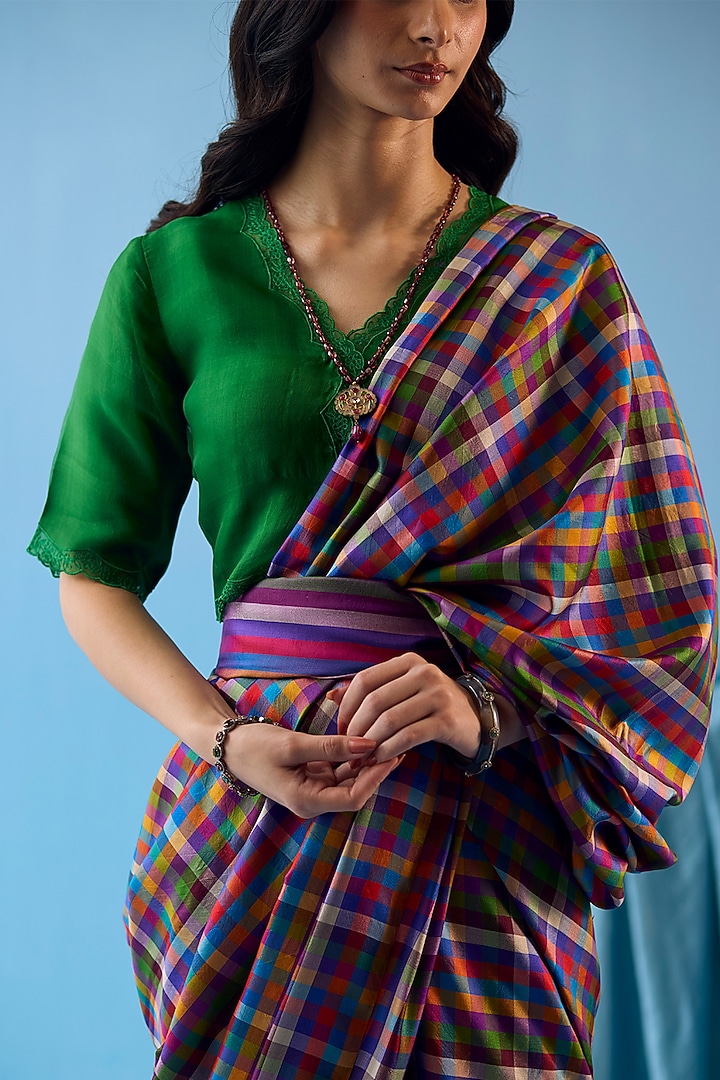 Multi-Colored Handwoven Mulberry Silk Checkered Party Wear Saree by Surmaye at Pernia's Pop Up Shop
