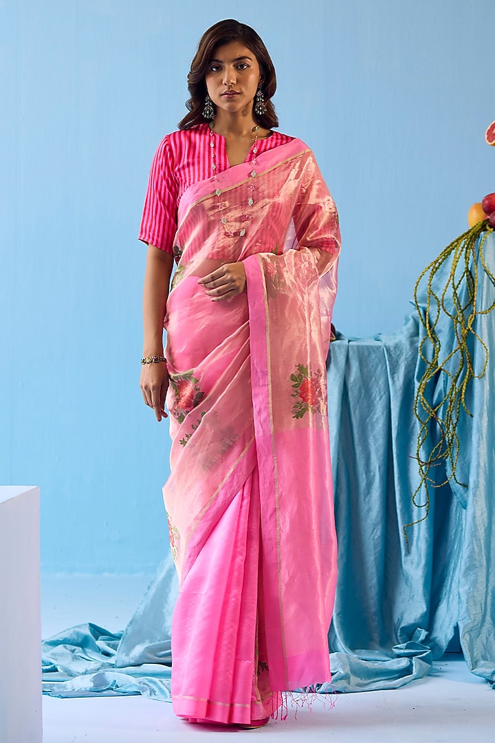 Pink Handwoven Organza Mulberry Silk Jamdani Motifs Wedding Saree by Surmaye at Pernia's Pop Up Shop