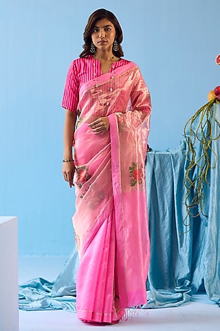 Pink Handwoven Organza Mulberry Silk Jamdani Motifs Saree by Surmaye
