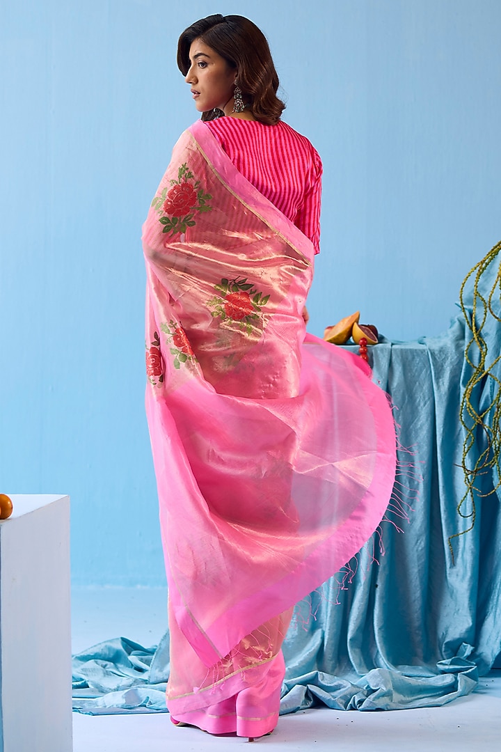 Pink Handwoven Organza Mulberry Silk Jamdani Motifs Wedding Saree by Surmaye at Pernia's Pop Up Shop