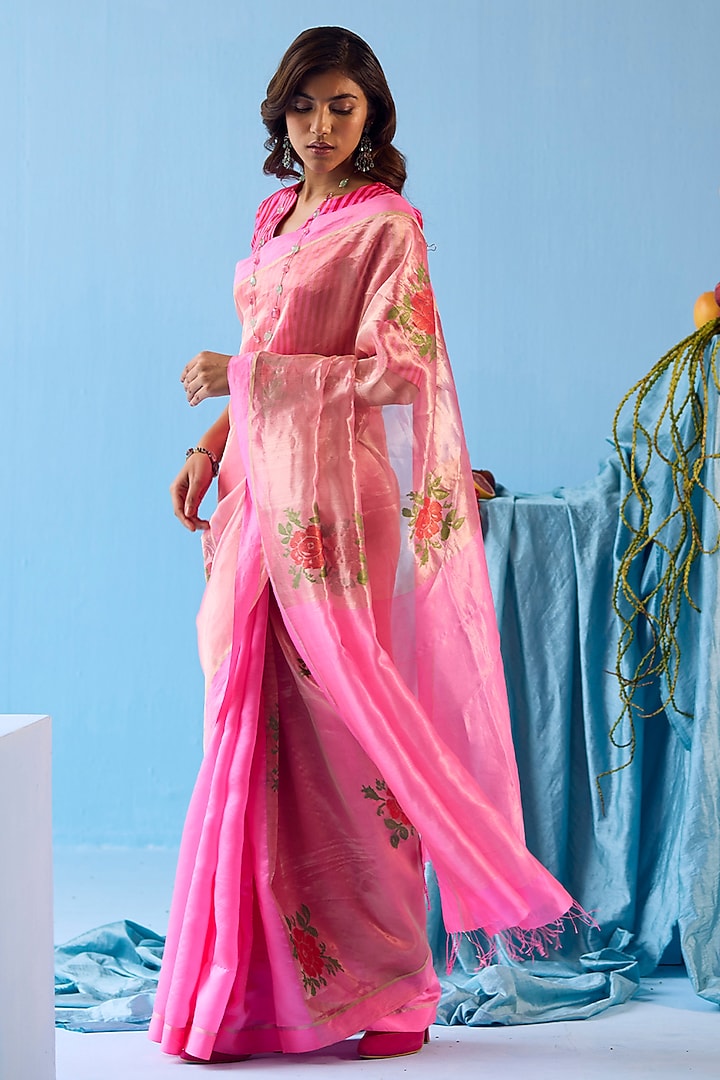 Pink Handwoven Organza Mulberry Silk Jamdani Motifs Wedding Saree by Surmaye at Pernia's Pop Up Shop