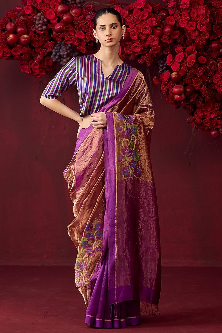 Violet Handwoven Organza Mulberry Silk Jamdani Motifs Wedding Saree by Surmaye at Pernia's Pop Up Shop