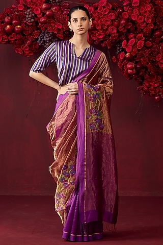 Violet Handwoven Organza Mulberry Silk Jamdani Motifs Saree by Surmaye