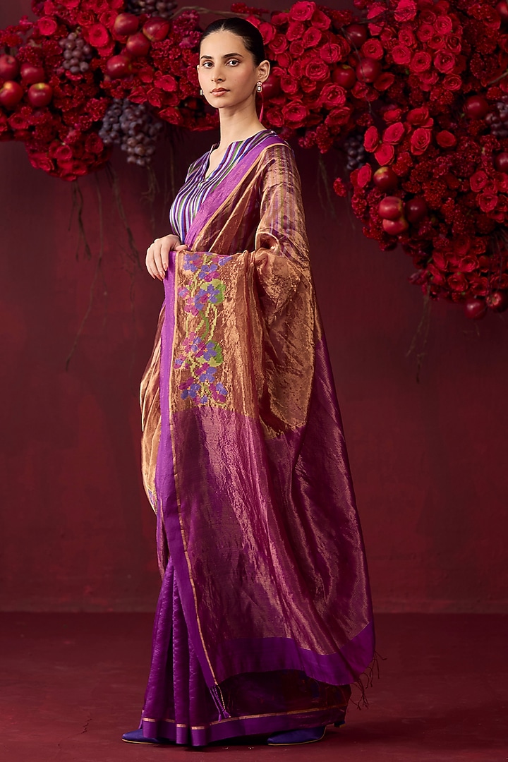 Violet Handwoven Organza Mulberry Silk Jamdani Motifs Wedding Saree by Surmaye at Pernia's Pop Up Shop