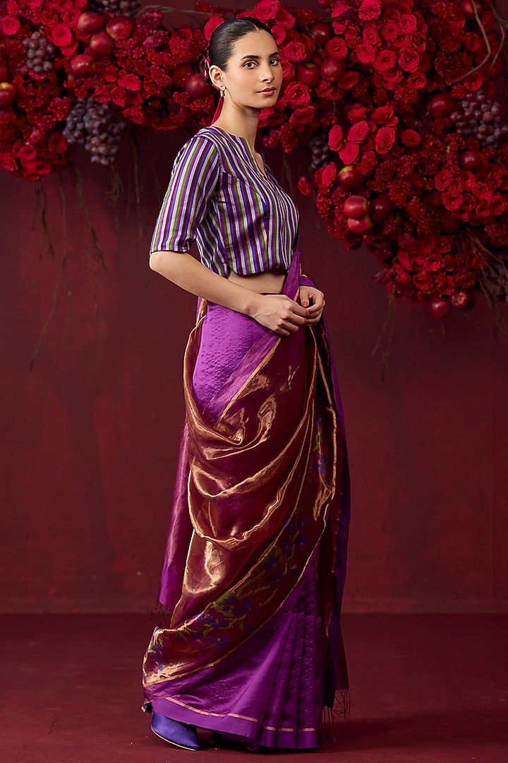 Violet Handwoven Organza Mulberry Silk Jamdani Motifs Wedding Saree by Surmaye at Pernia's Pop Up Shop