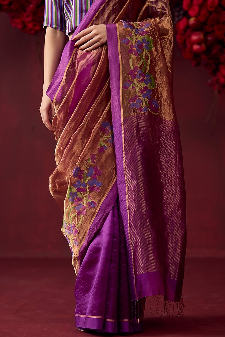 Violet Handwoven Organza Mulberry Silk Jamdani Motifs Wedding Saree by Surmaye at Pernia's Pop Up Shop