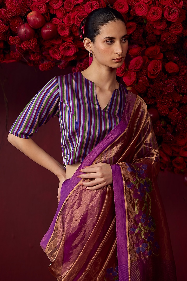 Violet Handwoven Organza Mulberry Silk Jamdani Motifs Wedding Saree by Surmaye at Pernia's Pop Up Shop
