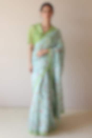 Blue Handwoven Organza Mulberry Silk Floral Hand Painted Party Wear Saree by Surmaye  at Pernia's Pop Up Shop