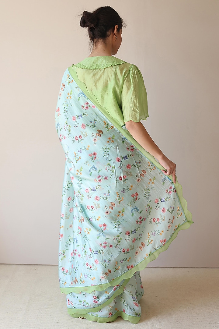 Blue Handwoven Organza Mulberry Silk Floral Hand Painted Party Wear Saree by Surmaye at Pernia's Pop Up Shop