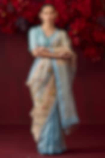 Ice Blue Handwoven Organza Mulberry Silk Jamdani Motifs Wedding Saree by Surmaye at Pernia's Pop Up Shop