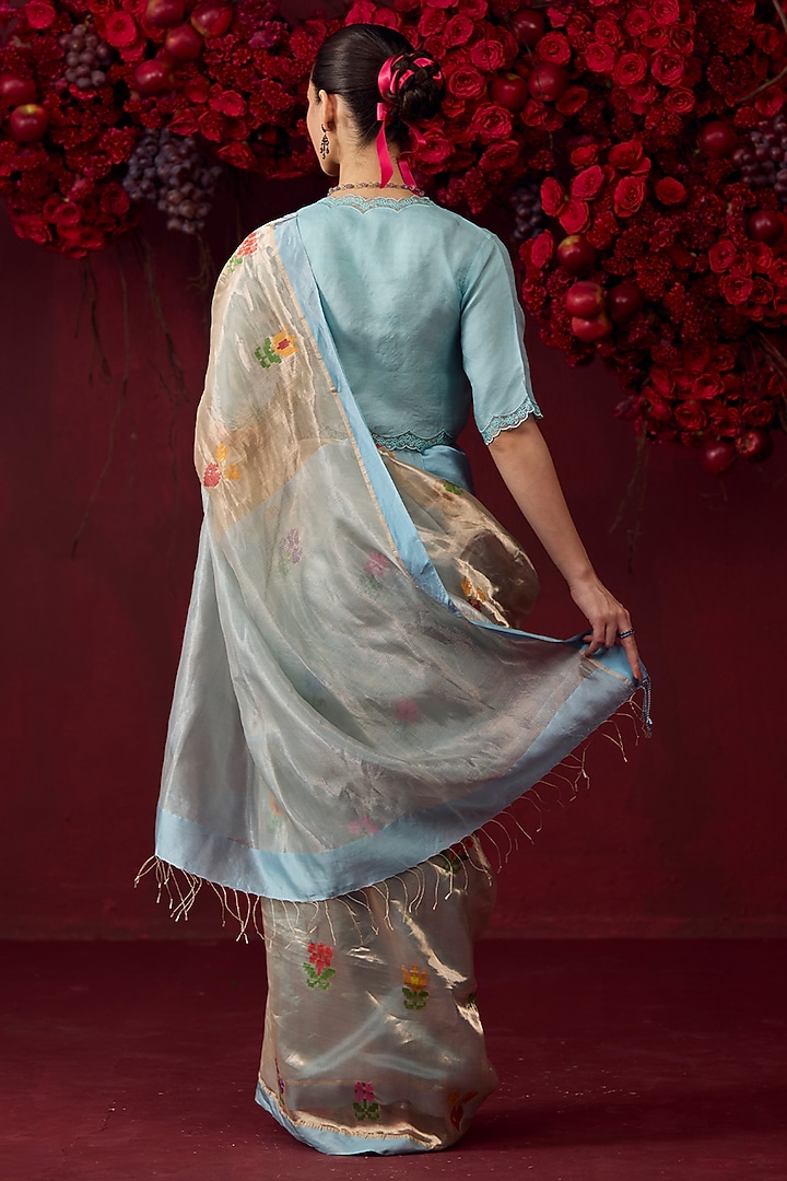 Ice Blue Handwoven Organza Mulberry Silk Jamdani Motifs Wedding Saree by Surmaye at Pernia's Pop Up Shop