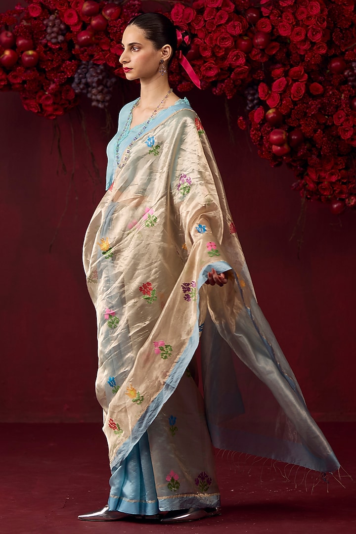 Ice Blue Handwoven Organza Mulberry Silk Jamdani Motifs Wedding Saree by Surmaye at Pernia's Pop Up Shop