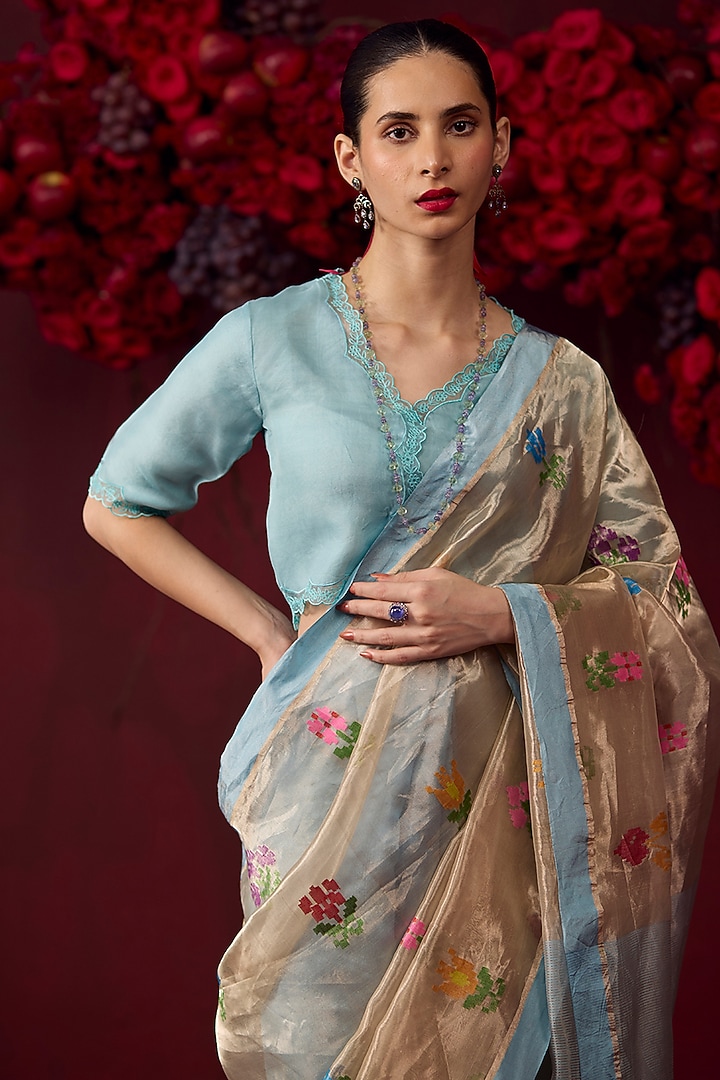 Ice Blue Handwoven Organza Mulberry Silk Jamdani Motifs Wedding Saree by Surmaye at Pernia's Pop Up Shop