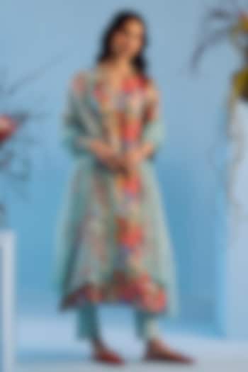 Ice Blue Handwoven Mulberry Silk Floral Printed Kurta Set by Surmaye at Pernia's Pop Up Shop