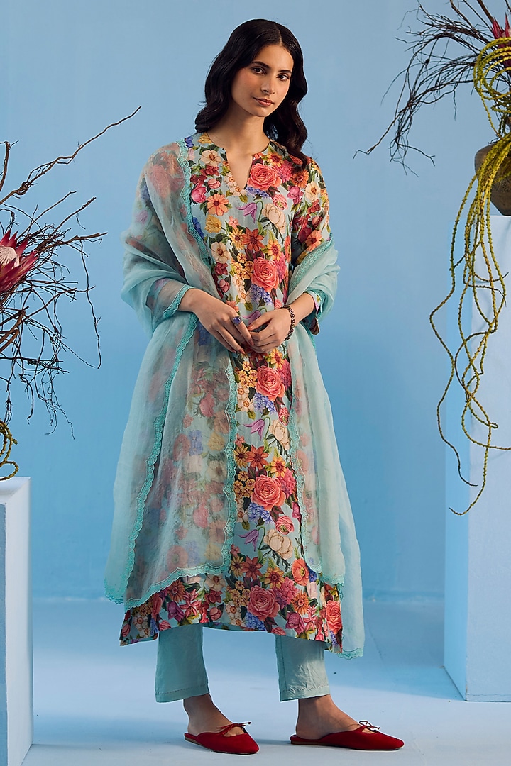 Ice Blue Handwoven Mulberry Silk Floral Printed Kurta Set by Surmaye at Pernia's Pop Up Shop