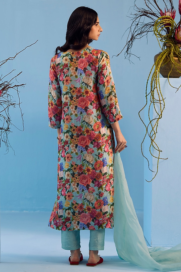 Ice Blue Handwoven Mulberry Silk Floral Printed Kurta Set by Surmaye at Pernia's Pop Up Shop
