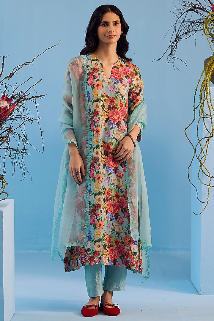 Ice Blue Handwoven Mulberry Silk Floral Printed Kurta Set by Surmaye at Pernia's Pop Up Shop