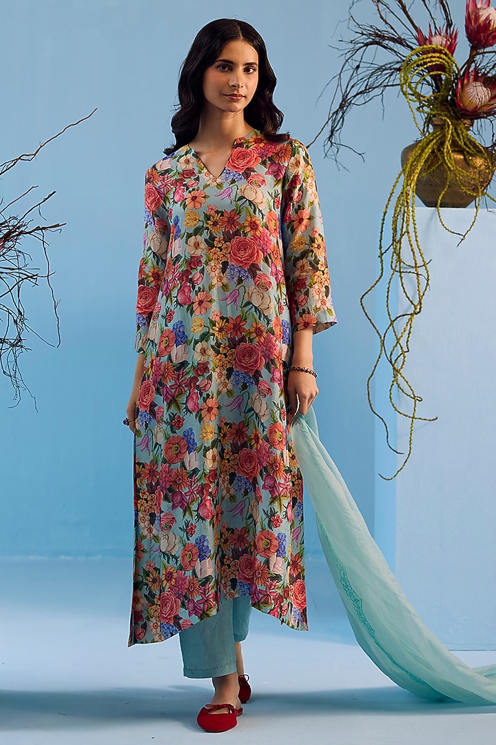 Ice Blue Handwoven Mulberry Silk Floral Printed Kurta Set by Surmaye at Pernia's Pop Up Shop