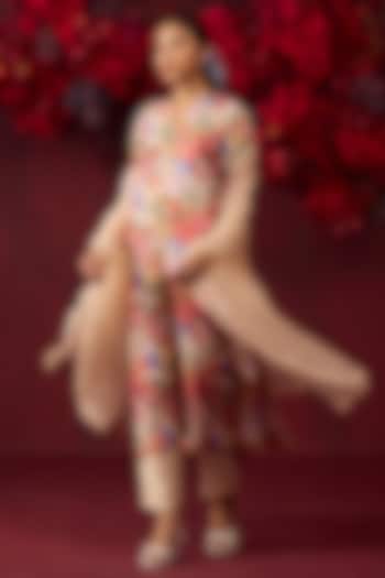 Beige Handwoven Mulberry Silk Floral Printed Kurta Set by Surmaye at Pernia's Pop Up Shop