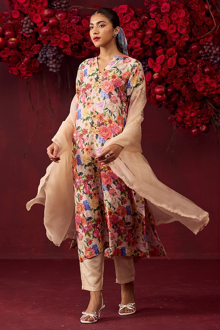 Beige Handwoven Mulberry Silk Floral Printed Kurta Set by Surmaye at Pernia's Pop Up Shop