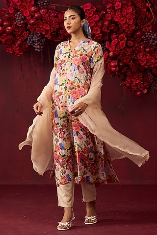 Beige Handwoven Mulberry Silk Floral Printed Kurta Set by Surmaye