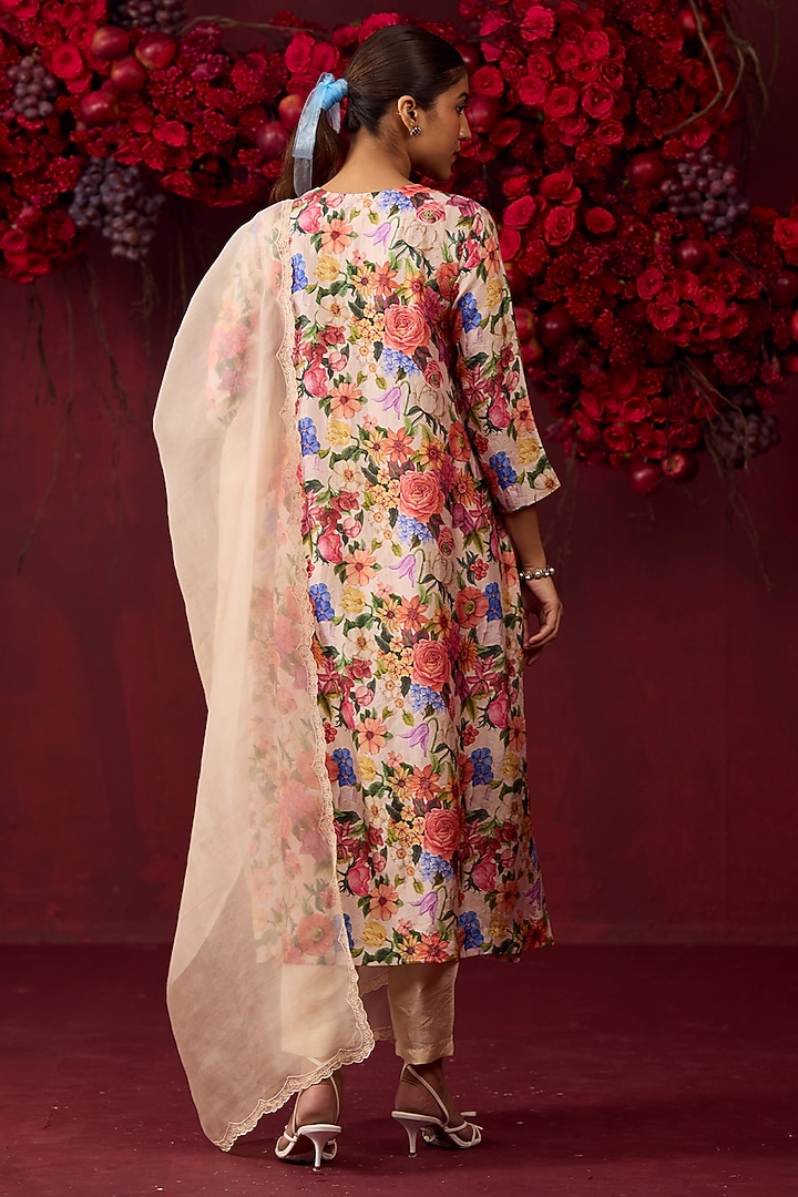 Beige Handwoven Mulberry Silk Floral Printed Kurta Set by Surmaye at Pernia's Pop Up Shop