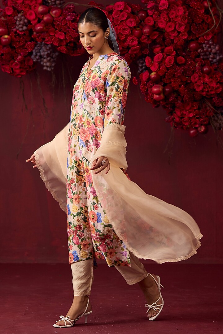 Beige Handwoven Mulberry Silk Floral Printed Kurta Set by Surmaye at Pernia's Pop Up Shop