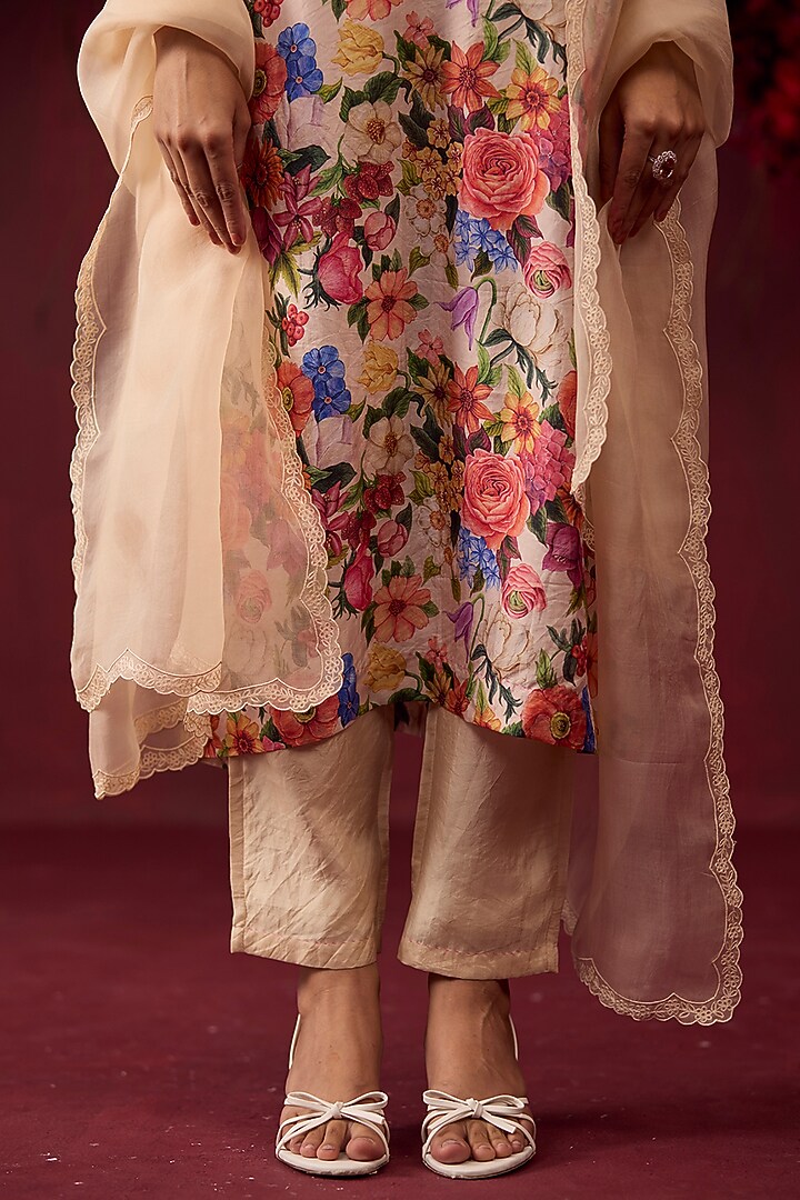Beige Handwoven Mulberry Silk Floral Printed Kurta Set by Surmaye at Pernia's Pop Up Shop