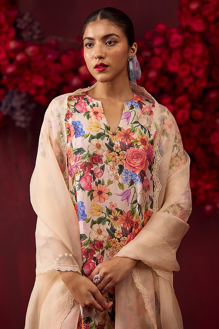 Beige Handwoven Mulberry Silk Floral Printed Kurta Set by Surmaye at Pernia's Pop Up Shop