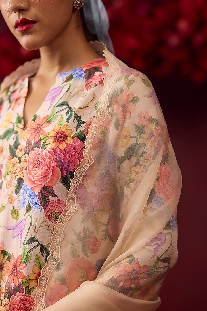 Beige Handwoven Mulberry Silk Floral Printed Kurta Set by Surmaye at Pernia's Pop Up Shop