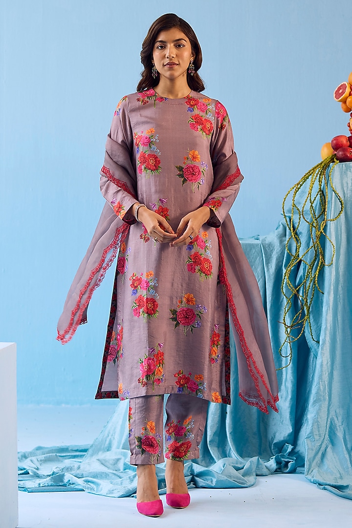 Slate Grey Handwoven Mulberry Silk Floral Motif Printed Kurta Set by Surmaye at Pernia's Pop Up Shop
