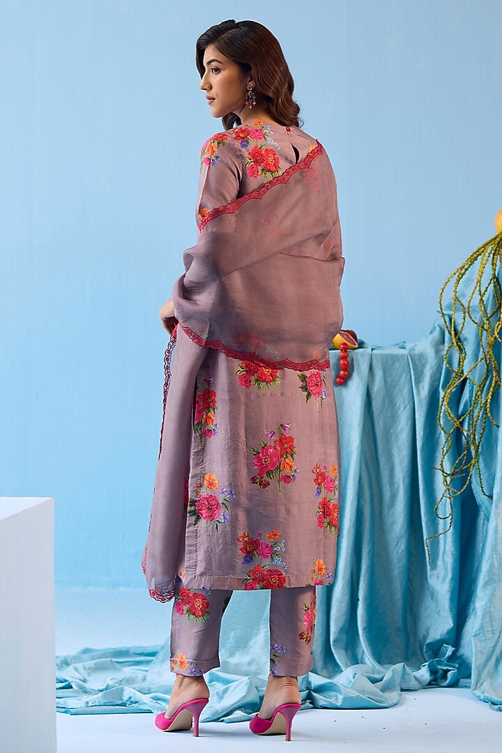 Slate Grey Handwoven Mulberry Silk Floral Motif Printed Kurta Set by Surmaye at Pernia's Pop Up Shop