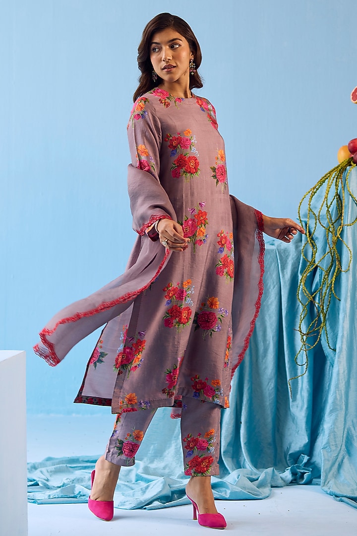 Slate Grey Handwoven Mulberry Silk Floral Motif Printed Kurta Set by Surmaye at Pernia's Pop Up Shop