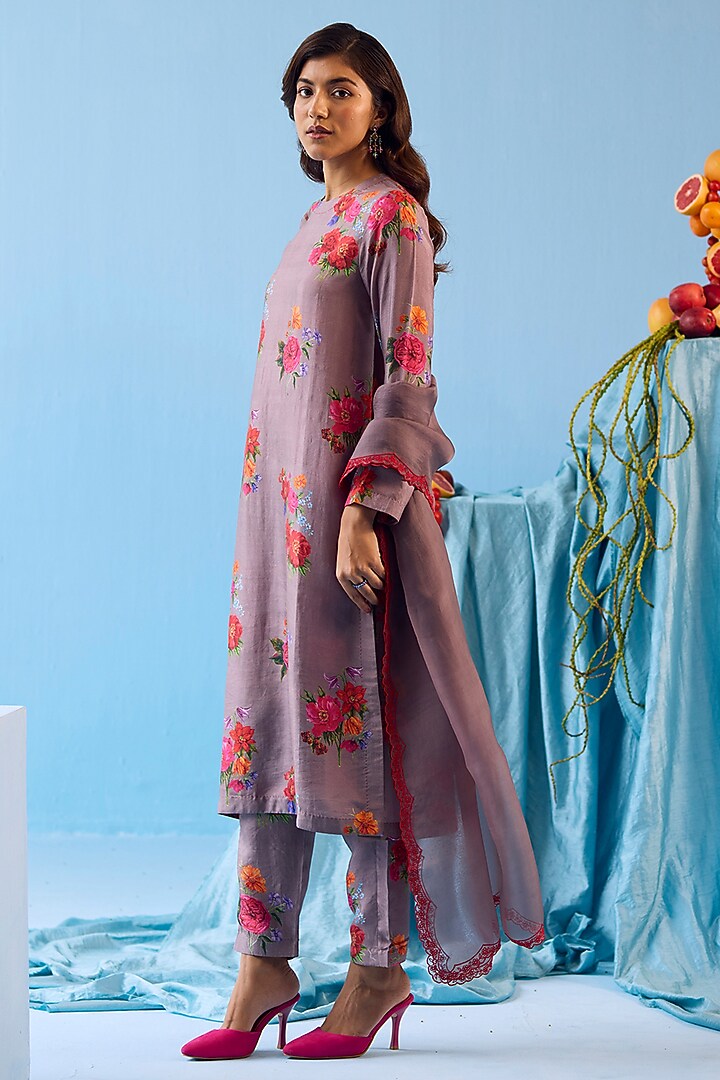 Slate Grey Handwoven Mulberry Silk Floral Motif Printed Kurta Set by Surmaye at Pernia's Pop Up Shop