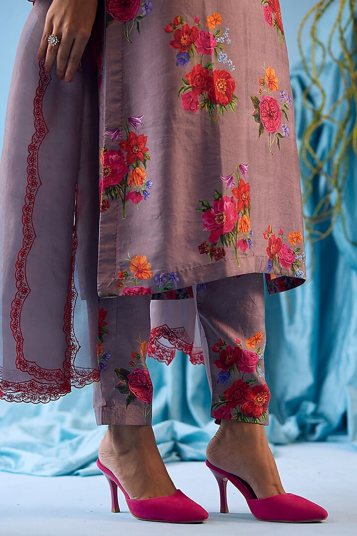 Slate Grey Handwoven Mulberry Silk Floral Motif Printed Kurta Set by Surmaye at Pernia's Pop Up Shop