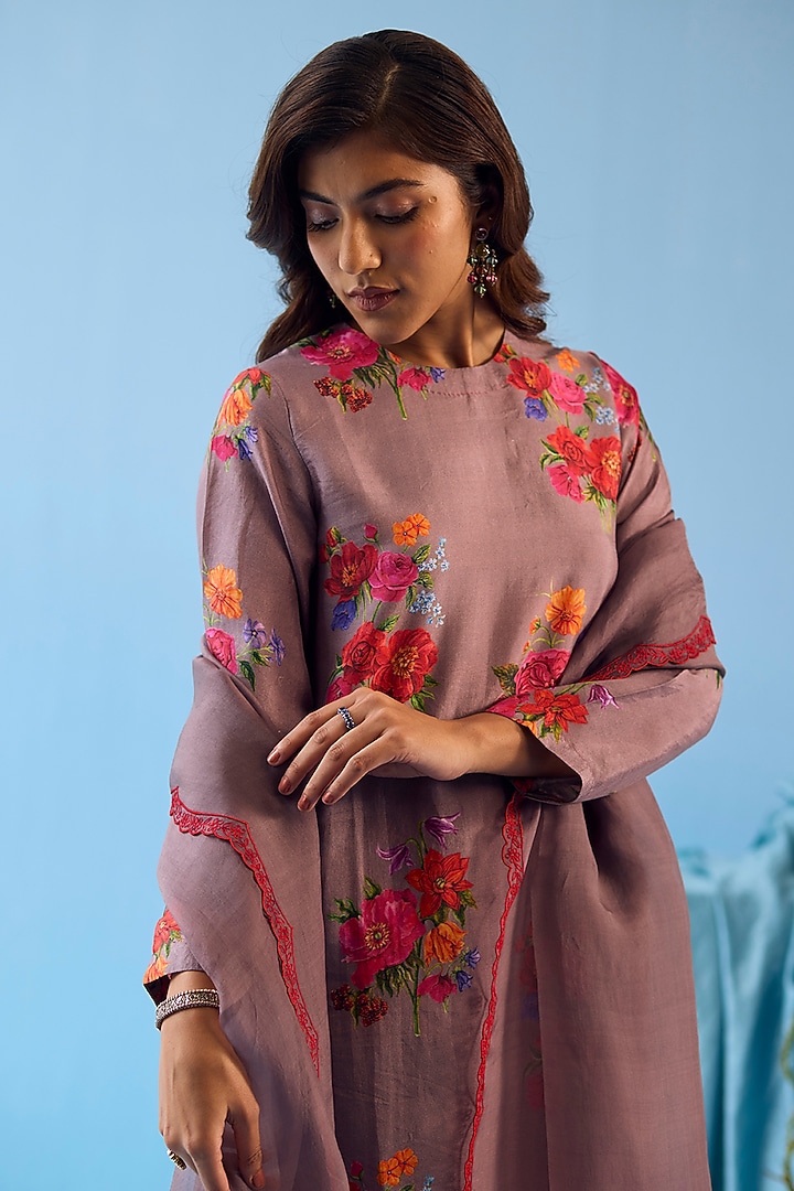 Slate Grey Handwoven Mulberry Silk Floral Motif Printed Kurta Set by Surmaye at Pernia's Pop Up Shop