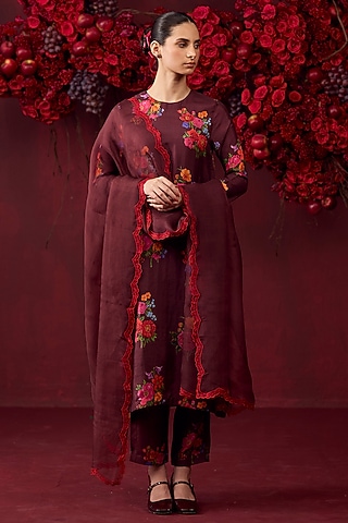 Burgundy Handwoven Mulberry Silk Floral Motif Printed Kurta Set by Surmaye