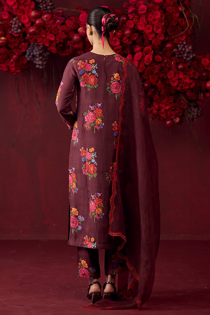 Burgundy Handwoven Mulberry Silk Floral Motif Printed Kurta Set by Surmaye at Pernia's Pop Up Shop