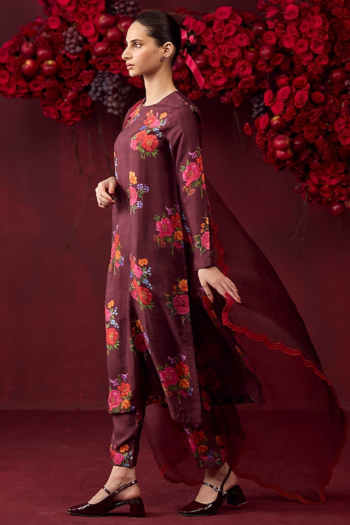 Burgundy Handwoven Mulberry Silk Floral Motif Printed Kurta Set by Surmaye at Pernia's Pop Up Shop